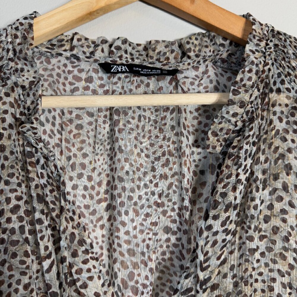 Zara Long Sleeve Animal Print Smocked Mini Dress Women's Medium Brown Sheer Sexy - Picture 9 of 16